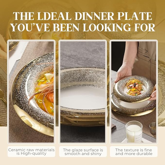 10 Inch Porcelain Dinner Plates Set of 4 - Hand-Decorated Gold Speckled Rim, Restaurant Grade Fine Dining Ceramic Plates for Elegant Presentation, Pasta, Seafood, Salad, Sushi