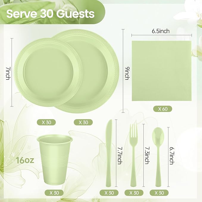 Kochorie 240 Pieces Sage Green Plastic Dinnerware Set Disposable Heavy Duty Plates Napkins Cups Silverware Dessert Dinner Plates for Birthday Wedding Baby Shower Party Supplies, Serves 30 Guests