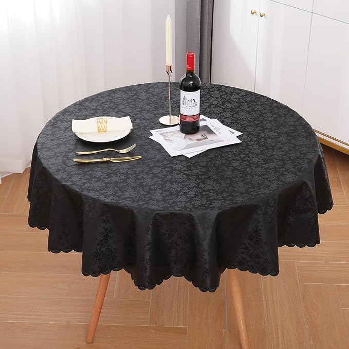 Smiry Round Table Cloth, Waterproof Heavy Duty Vinyl Tablecloths, Wipeable Washable Table Cover for Kitchen and Dining Room (Black, 70" Round)