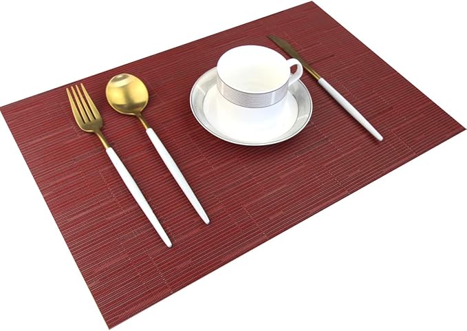 Placemats for Dining Table Washable Easy to Clean PVC Placemat Heat-resistand Woven Vinyl Wipe Clean Table Mats (placemats Set of 6, Bamboo Red)
