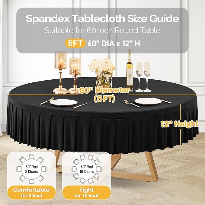 8 Pack Black Spandex Round Tablecloths for 60 Inch Tables, Stretchy Fitted 5FT Cloths, Wrinkle-Free Cover With Skirt for Wedding Party Dining Banquet