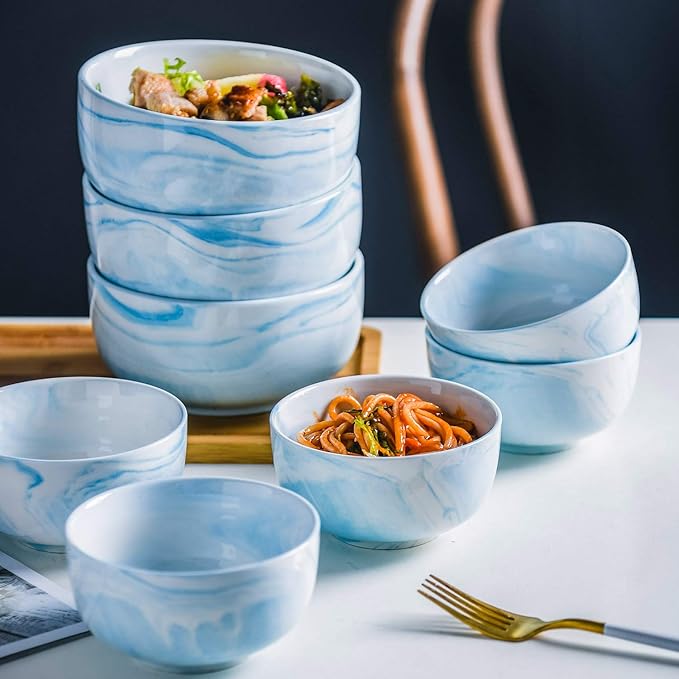 Yundu 28 Ounce Blue Marble Porcelain Bowls Ice Cream, Dessert, Cereal, Pasta Bowls, Microwave and Dishwasher Safe Bowls for Kitchen, Set of 3