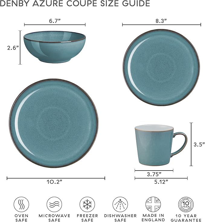 Denby - Azure Coupe Cereal Bowl - Single Blue Glaze Everyday Soup, Dessert Bowls - Dishwasher Safe & Microwave Safe Ceramic Stoneware Tableware - Scratch & Chip Resistant