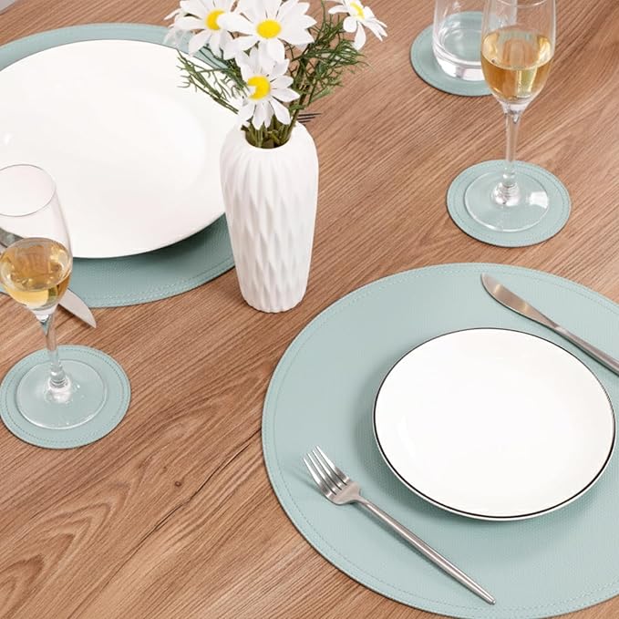 Set of 6 Faux Leather Round Placemats and Coasters, Coffee Mats Kitchen Table Mats, Waterproof, Easy to Clean for Kitchen Dining Round Table