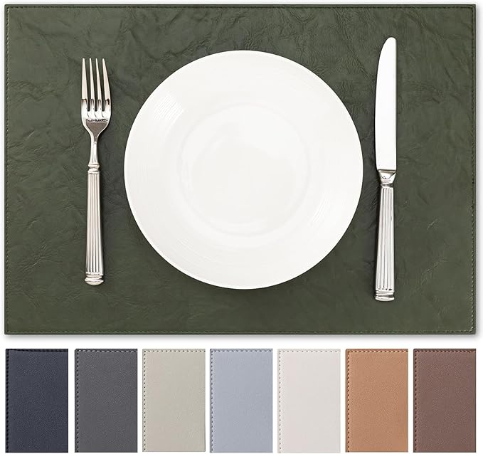 Faux Leather Placemats Set of 4 Vinyl Washable Wipeable Table Mats for Kitchen Dining Table Heat Resistant Waterproof Indoor/Outdoor Placemats Non-Slip Easy Clean Place Mats (Olive Green)