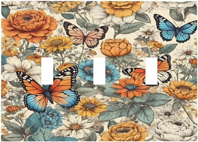 Light Switch Cover Vintage Colorful Floral Butterfly Flowers 3 Gang Wall Plate Triple Light Switch Plate Toggle Decorative Outlet Covers Electrical Switchplate for Bathroom Bedroom Decor