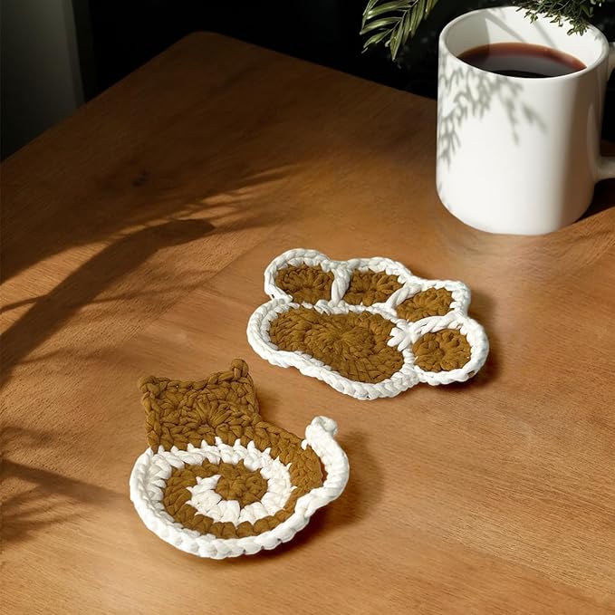 UMIRRO Handwoven Drink Coasters for Coffee Table, Cute Themed Gifts for Cat Lovers, Home Kitchen Decor for Room - Cat Butt & Paw Print, Set of 2