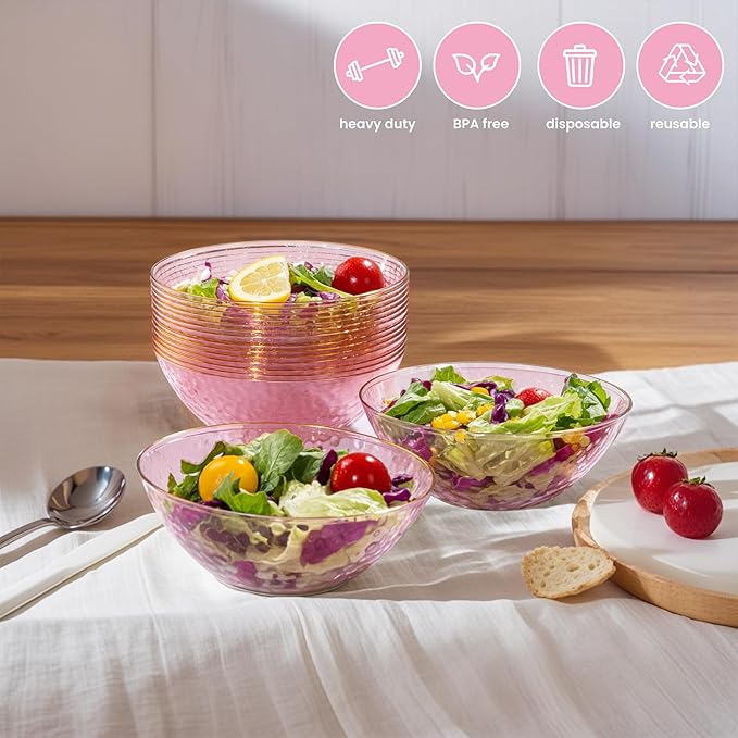 Rubtlamp 20 Pack Clear Pink Disposable Bowls, Pink Plastic Bowls with Gold Rim, 12-16oz Premium Heavy Duty Plastic Dinner Bowls for Party, Wedding and Holiday