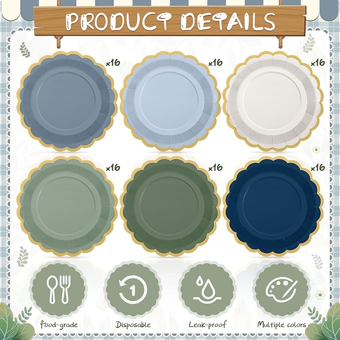 96 Pcs Dusty Blue Sage Green Paper Plates 9 Inch Green Blue Scalloped Paper Disposable Dinner Dessert Plates for Birthday Wedding Bridal Party Supplies, 6 Colors