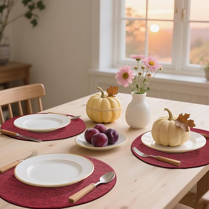 homing 15 Inch Round Cloth Placemats Set of 6, Cotton Linen Blend Washable Table Mats, Farmhouse Dining Place Mats for Indoors & Outdoors, Easy to Clean, Red