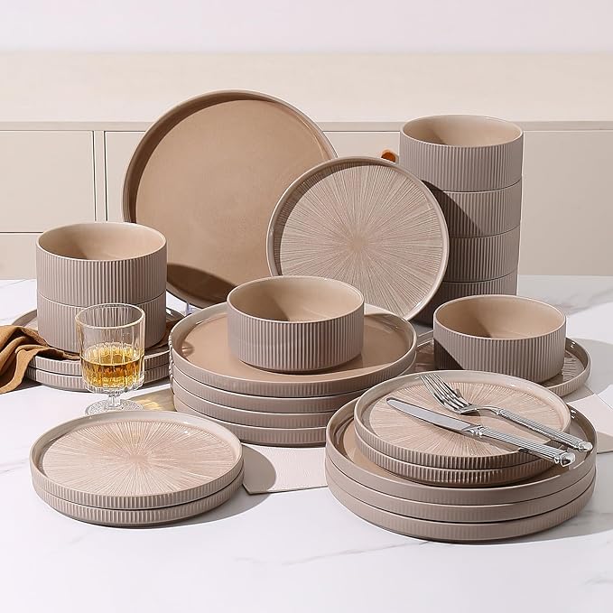 Dinnerware Sets for 8, Ceramic Plates and Bowls Set 24 Piece Dinnerware Chip Resistant Stoneware, Dishwasher and Microwave Safe-Brown