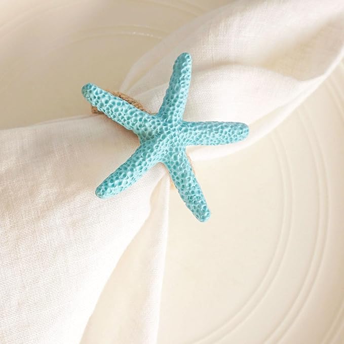 Starfish Napkin Rings Set of 6, Blue Sea Star Napkin Ring Holders for Crafts, Beach, Dinner Party, Wedding, Theme Party, Banquet, Nautical, Coastal Table Decor