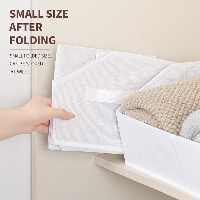 Closet Baskets for Shelves Trapezoid - Decorative Storage Baskets with Handle, Closet Bins for Organization, Shelf Storage Bins for Clothes, Books, Home, Office, 10 Pack, White