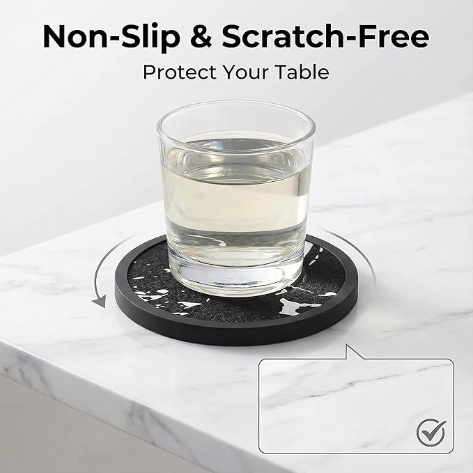 Absorbent Coasters for Drinks with Holder - 6packs, Silicone Coaster with Soft Felt Insert (4.5 inch Holder, Marble Pattern)