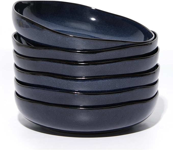 Stoneware Pasta Bowls Set of 6, 8.26" Large Serving Bowls, Chip Resistant Plate Bowls, Salad Serving Bowl for Lunch, Unique Irregular Look, Starry Blue