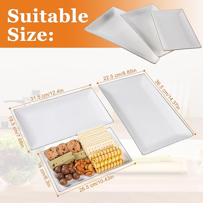 Kassel Ceramic Serving Platter Set | 14”/12”/10” Rectangular Serving Trays for Entertaining at Parties and Weddings | Oven Safe Large Serving Trays for Tacos, Steak and Cake