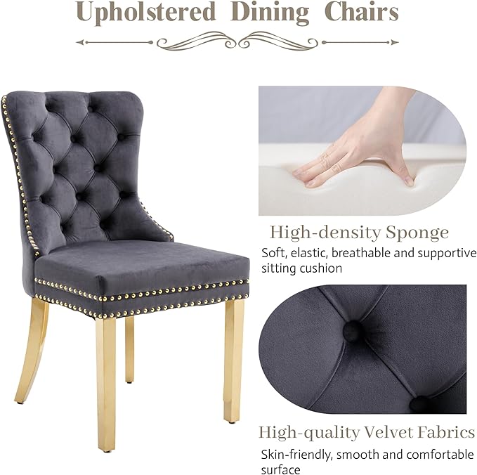 KCC Velvet Dining Chairs Set of 6, Upholstered High-end Tufted Dining Chair with Nailhead Back Ring Pull Trim Stainless Steel Legs, Contemporary Nikki Collection Modern Style for Kitchen, Dark Gray