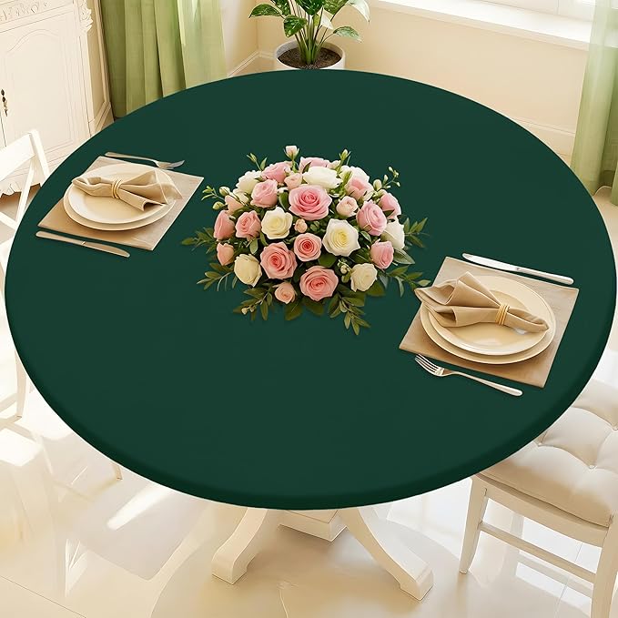 Round Spandex Tablecloth, Elastic Fitted Waterproof Tablecloths for 36"-44" Tables, Stretch Washable Picnic Table Cover for Camping, Dining, Indoor and Outdoor, Hunter Green