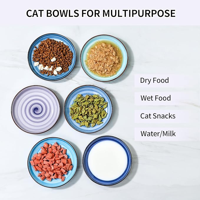 Selamica Ceramic Cat Food Bowl, 6 Inch Cat Bowls Whisker Friendly, Shallow Wide Kitten Plates for Food and Water, Set of 6, Gradient Blue