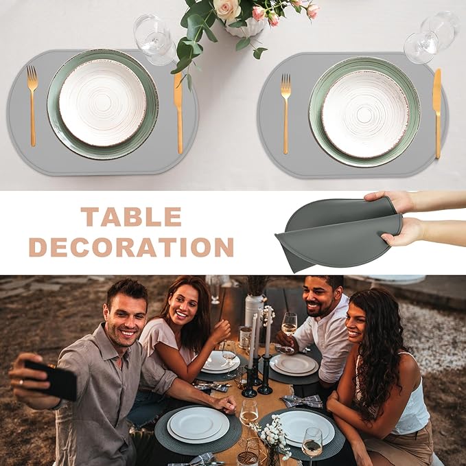 uxcell 4 Pcs Oval Silicone Placemat, 15.4" x 10.4" Non-Slip Washable Table Placemats Heat Resistant Waterproof Mat with High Edge for Table Kitchen Desk Protection, Dark Gray