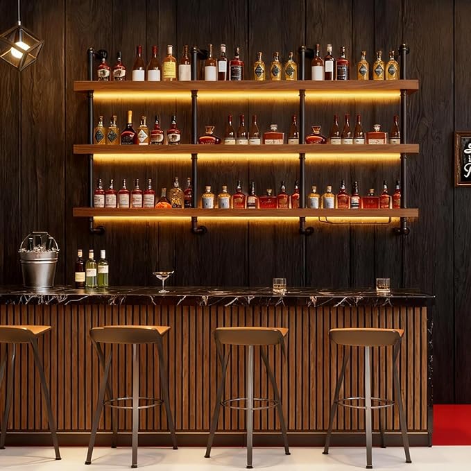 78.7in Large Wine Rack with LED Light Solid Wood Wall Mounted Wine Rack, 3-Tiers Liquor Bottles Floating Shelves Display Storage Organizer for Home Bar & Dining Room (200cm/78.7in)