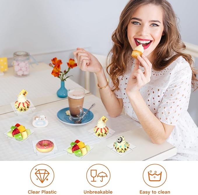 400 Pieces Mini Square Dessert Plates 2.5 x 2.5 Inch Disposable Appetizer Plates Small Clear Plastic Dish for Dessert Salad Appetizer Sauces Tastings Cake Wedding Party Serving (Clear)