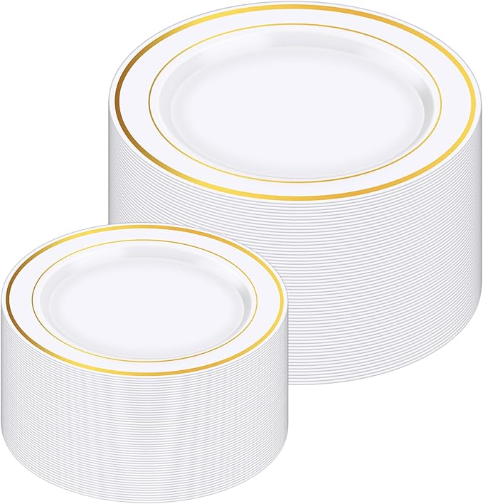 Zcaukya 100PCS Gold Plastic Plates, Disposable Plastic Dishes with Gold Rim in Bulk, 50 Pcs Each 10.25 Inch and 7.5 Inch for Dinner, Birthday and Wedding