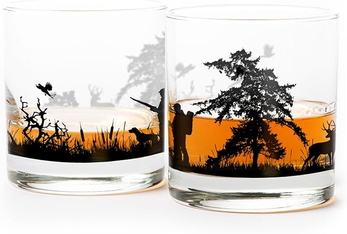 Black Lantern Whiskey Glass Set of 2 - Hunting Landscape Rock Glasses 11oz. Old Fashioned Glassware Set