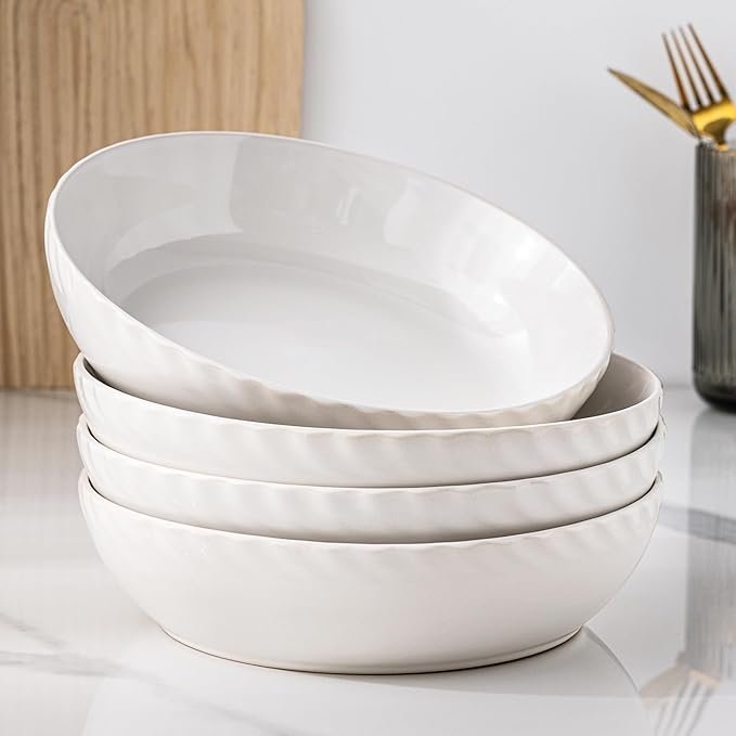 GBhome 8.5'' Large Pasta Bowls, 38 Ounce Stoneware Salad Bowls for Kitchen, Ceramic Serving Bowls With Textured Pattern for Pasta,Fruit, Stews,Noodle, House-warming Gift,Set of 4