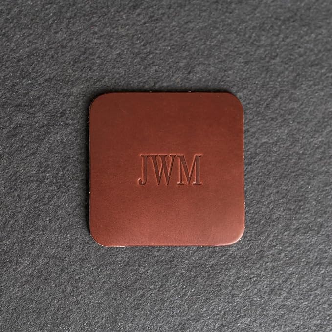 Ox & Pine Personalized Leather Coaster - Sold Individually or in Sets of 4 - Customize Inscription - 100% Full-Grain Leather – 4" Round or 4" Square (Square, Brown, 1 Individual Coaster)