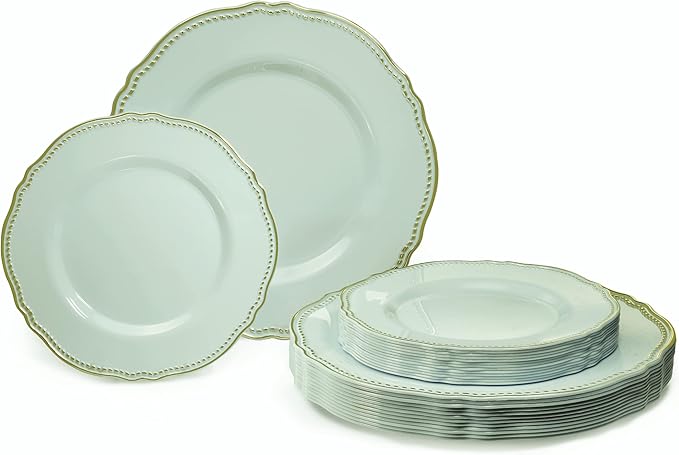 " OCCASIONS " 240 Plates Pack,(120 Guests) Heavyweight Premium Disposable Plastic Plates Set -120 x 10.25'' Dinner + 120 x 7.5'' Salad/Dessert (Rochelle Seafoam/Mint and Gold))
