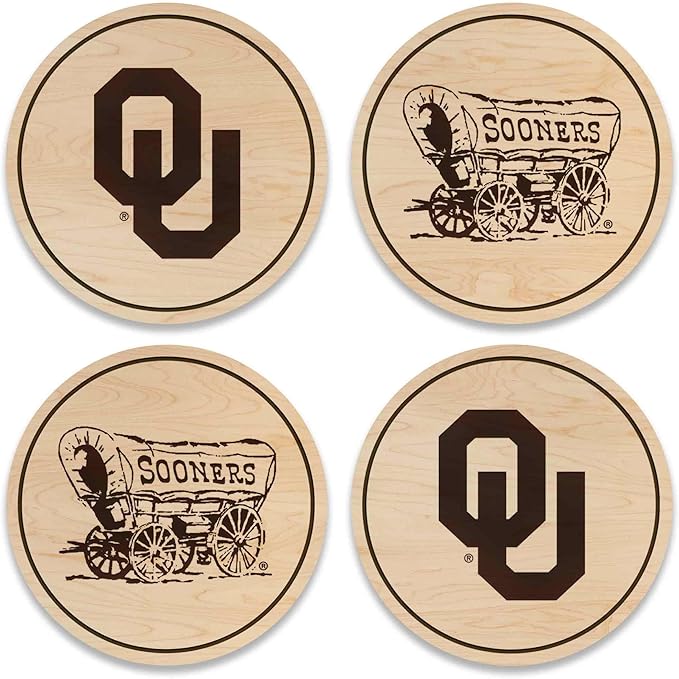LazerEdge Oklahoma Sooners Wooden Coaster Set - Maple Wood - Officially Licensed Product - 4-Pack