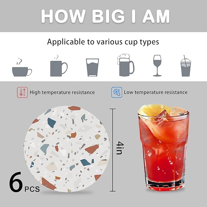 6 Pcs Terrazzo Ceramic Coasters with Holder Absorbent Drink Coasters,Modern Sandstone Round Ceramic Stone Coaster with Cork Base,Tabletop Protection Mat for Mugs and Cups,Office,Kitchen