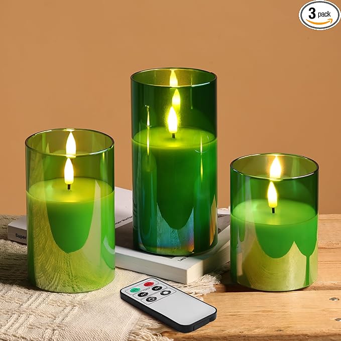 Eywamage Green Glass Flameless Pillar Candles with Remote, Flickering Christmas Battery LED Candles Holiday Decor Set of 3