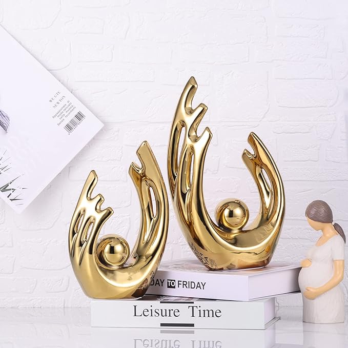 LCCCK 9.5" H Gold Aesthetic Room Decor Accent, TV Stand Funky Table Centerpiece, Abstract Art Ceramic Statue and Sculpture, Gold Decor for Living Room, Bookshelf Decorative Objects, Shelf