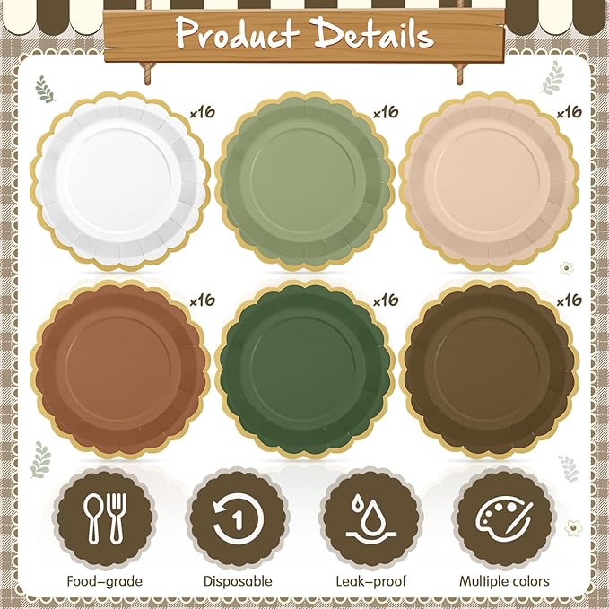 96 Pcs Woodland Green and Brown Paper Plates 9 Inch Gradient Scalloped Paper Disposable Dinner Dessert Plates for Birthday Wedding Bridal Party Supplies, 6 Colors