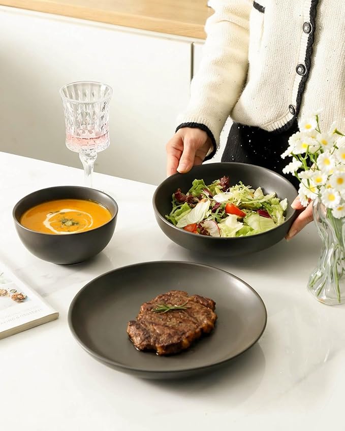 Stoneware Dinnerware Set for 4 Person,12 Pieces Ceramic Plates and Bowls Sets Matte Black Modern Dish Set for Kitchen Dinner,Scratch Resistant,Microwave and Dishwasher Safe,Round