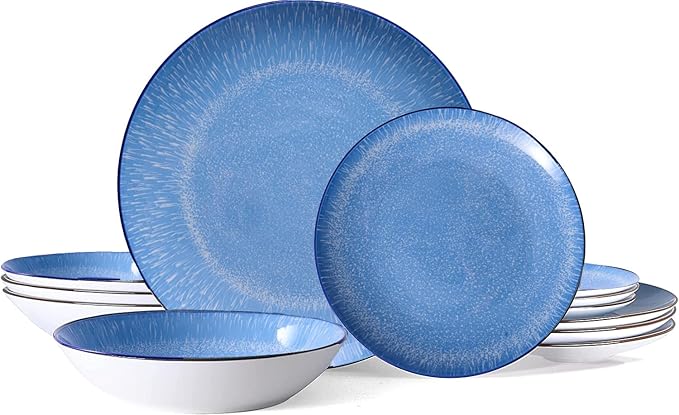 Bestone 12-Piece Round Porcelain Dinnerware Set, Service for 4, Chip Resistant Plates and Bowls,Blue, Dishwasher & Microwave Safe for Home Daily Use