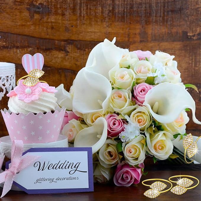 Hotop 36 Pcs Valentine's Day Napkin Rings Gold Table Decorations, Elegant Bling Leaves Napkin Rings, Rhinestone Guest Towels Buckle for Holiday Gather Party, Wedding Dinner Banquet Table Decoration