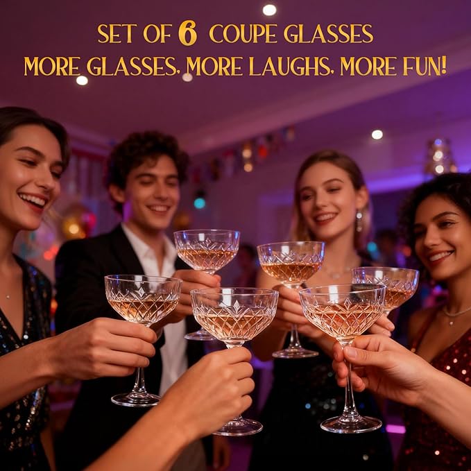 Coupe Glasses Set of 6, Diamond Style Classic Crystal Glass Martini Glasses, Clear Hand Blown Cocktail Glasses for Drink, Martini, Espresso Martini, Home Bar
