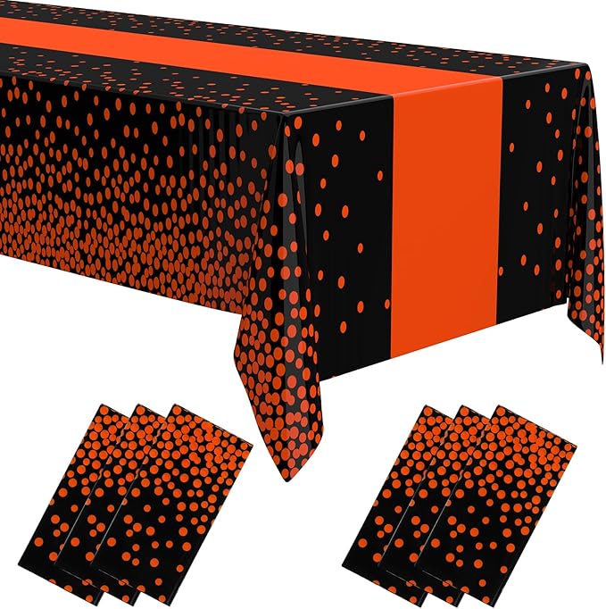 Oudain 6 Pcs Black and Orange Tablecloth for Parties Plastic Dot Tablecloths Printed Table Runner Waterproof Disposable Rectangle Table Cover for Christmas Birthday Wedding Party, 54" x 108"