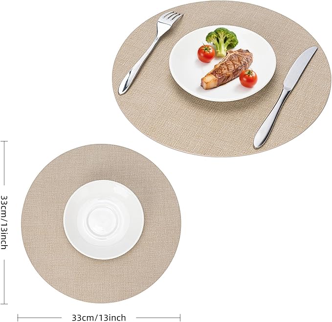 Round Wipeable Placemats Set of 6 – Faux Leather Round Table Mats, Waterproof & Washable Vinyl Placemats, Circle Design for Dining Table Decor– Taupe