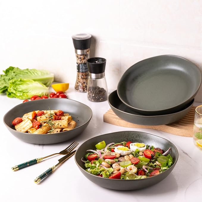 AmorArc 9.75'' Ceramic Large Pasta Bowls, 38oz Stoneware Flat Serving Bowls Set of 4, Oven,Microwave&Dishwasher Safe Bowls with Wavy Rim for Fruit Pasta Salad Meal, Reavtive-Matte