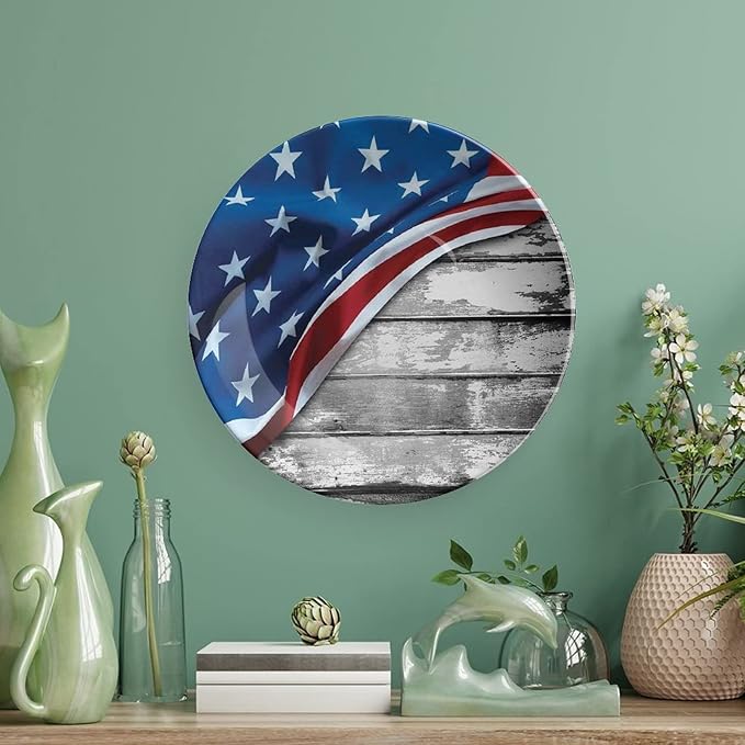 Ceramic Display Plate, American Flag Decor Ceramic Hanging Decorative Plate, Flag Over Antique Rustic Rippled Board, 6 Inch, Household Custom Ceramic Plate, Grey Navy