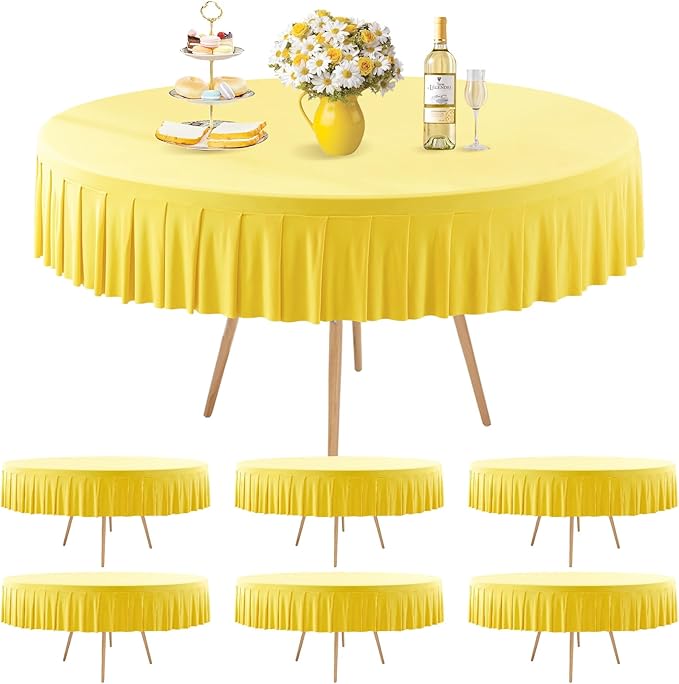 6 Pack Yellow Spandex Round Tablecloths for 60 inch Tables, Stretchy Fitted 5FT Round Table Cloths with Skirt for Wedding Party Dining Banquet