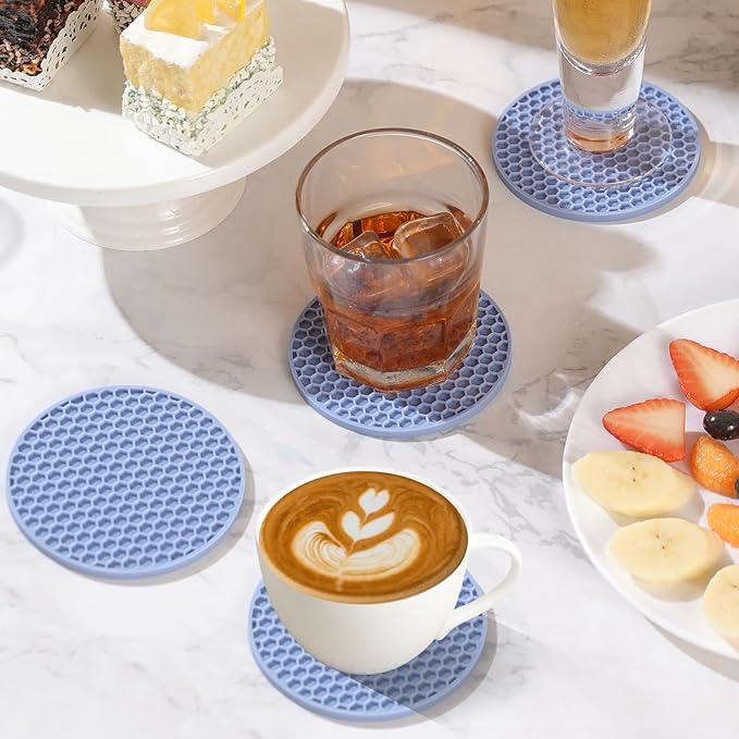 Coasters Set of 6 with Holder,Coasters for Drinks,Coffee Table Decor Coaster,Suitable for Kinds Cups,Anti-Slip,Non-Stick,Silicone Cup Coaster and Living Room Decor (6 Pcs, Blue)