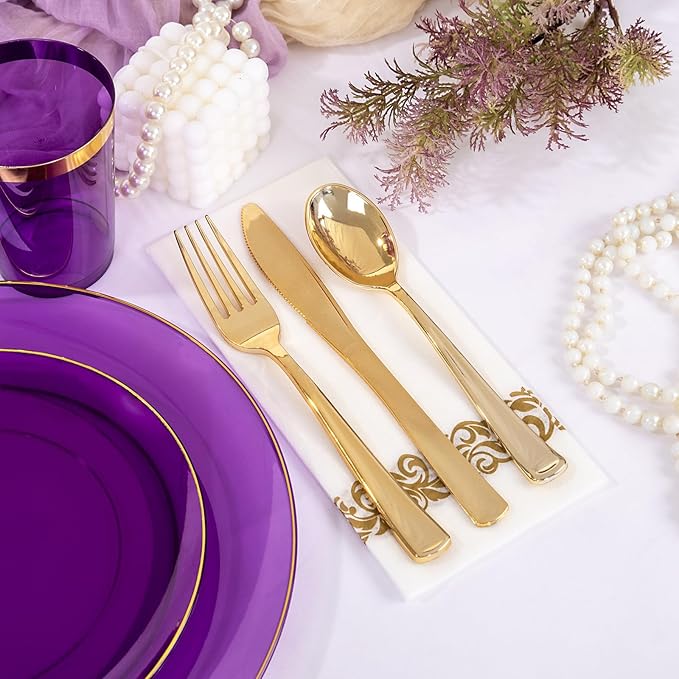 YOUBET 175PCS Purple Plastic Plates - Purple and Gold Disposable Plates Include 50 Plate, 75 Silverware, 25 Cups, 25 Napkins for Wedding & Mardi Gras Party