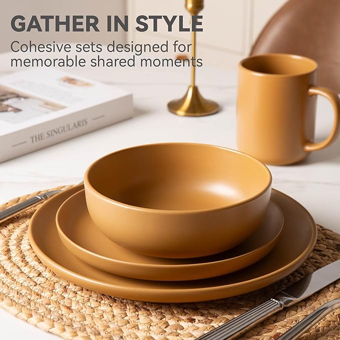 12-Piece Stoneware Dinnerware Set with Mugs | Microwave and Dishwasher Friendly | Stackable Matte Glaze Plates & Bowls | Service for 3 (Orange for 3)