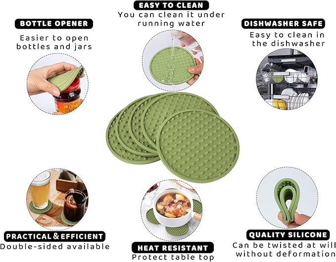 Coasters for Drinks 6 Pcs Plastic Coaster with Holder,Heat Resistant Silicone Cup Mat Tabletop Protection,Non-Slip Rubber Coasters for Kinds of Cups (Green)
