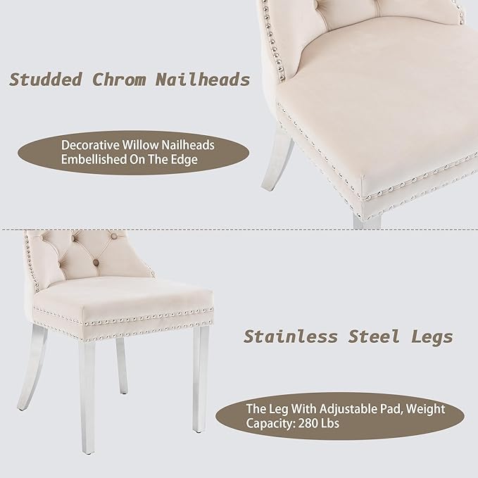 KCC Velvet Dining Chairs Set of 2, Upholstered High-end Tufted Dining Room Chair with Nailhead Back Ring Pull Trim Stainless Steel Legs, Contemporary Nikki Collection Modern Style for Kitchen, Beige
